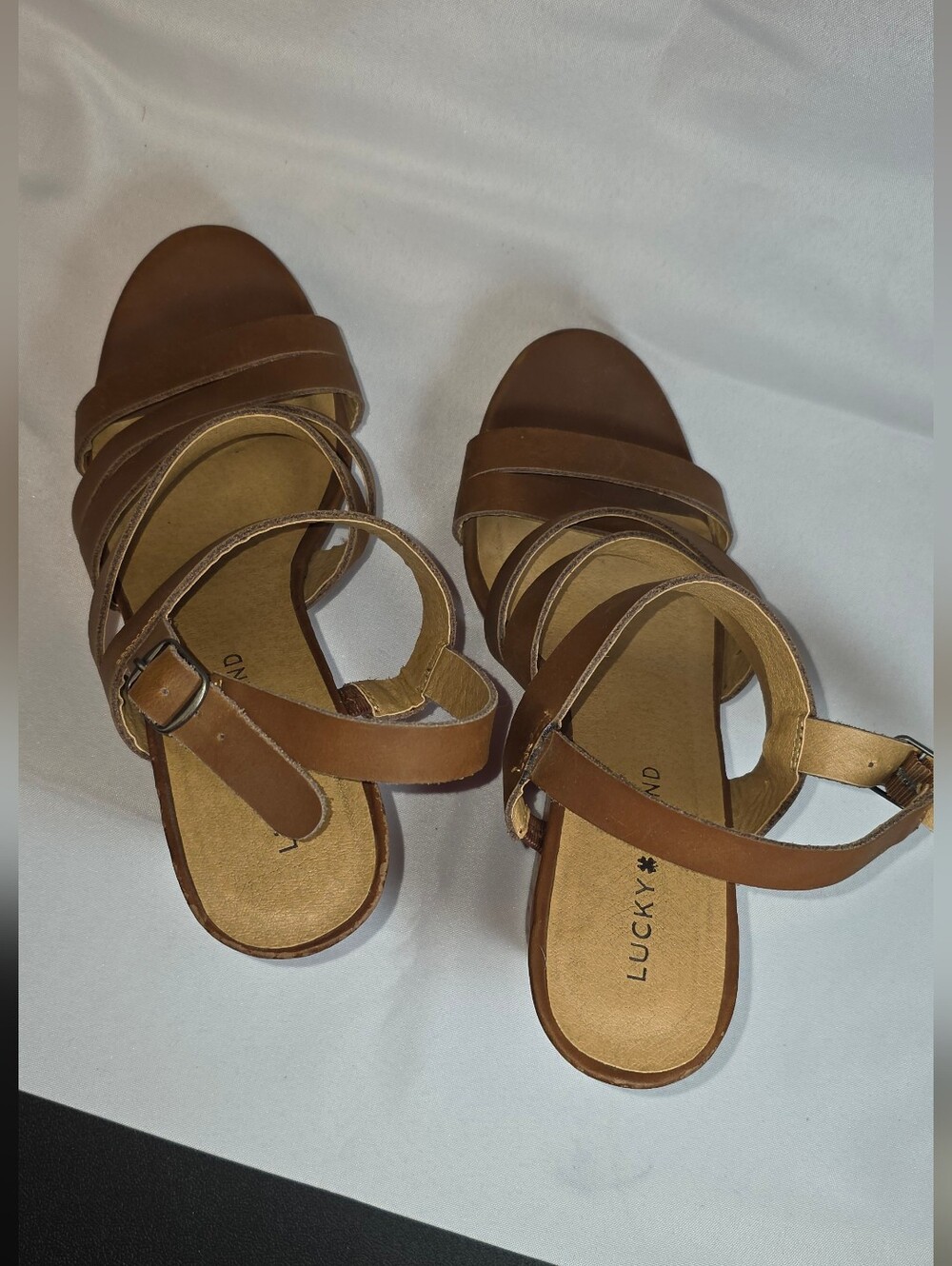 Lucky Brand Tan Strappy Ankle Buckle Sandals, SIZE 8.5 M/38.5